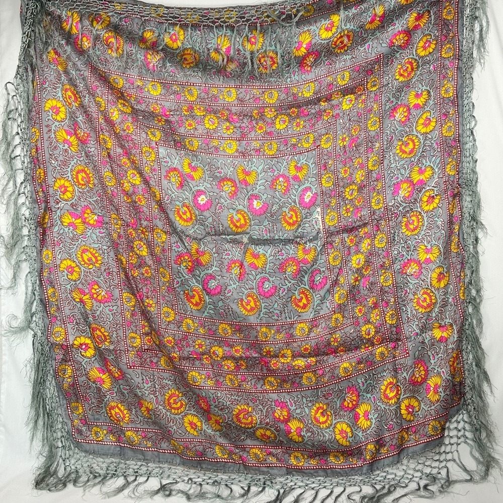 Vintage Floral Tapestry Scarf – Grey Pink Yellow Floral Fringe Shawl Wrap